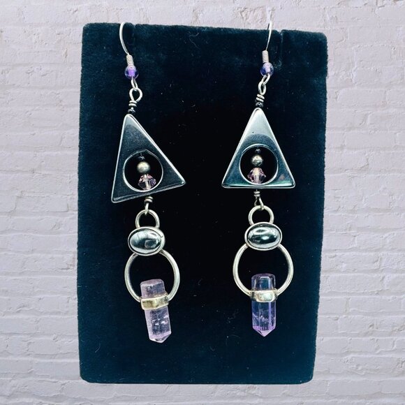 Vintage Geometric Triangle Earrings W/ Amethyst Crystal Dangle & Hematite Accent - Picture 2 of 7